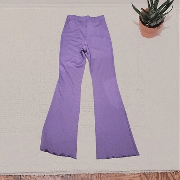 Cute Retro Hippy Lavender Flare Rib-knit Pants- Lettuce Trim - Picture 3 of 14